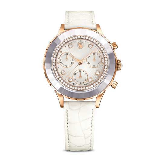 Octea chrono watch, Swiss Made, Leather strap, White, Rose gold-tone finish 5671150