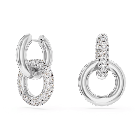 Dextera hoop earrings, Asymmetrical design, Interlocking loop, White, Rhodium plated 5671807
