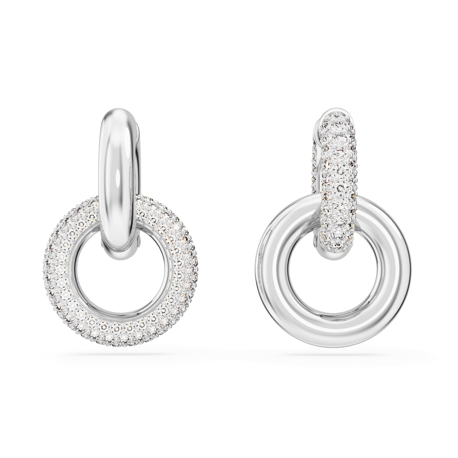 Dextera hoop earrings, Asymmetrical design, Interlocking loop, White, Rhodium plated 5671807