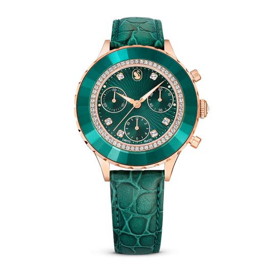 Octea chrono watch, Swiss Made, Leather strap, Green, Rose gold-tone finish 5672931
