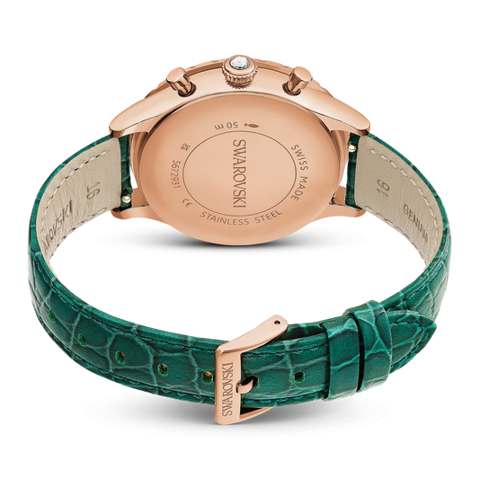 Octea chrono watch, Swiss Made, Leather strap, Green, Rose gold-tone finish 5672931