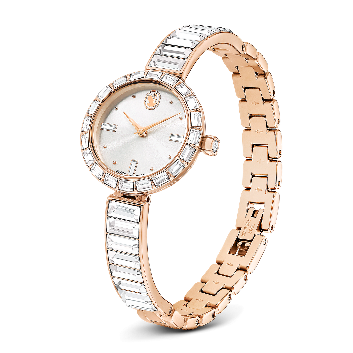 Matrix bangle watch, Swiss Made, Crystal bracelet, White, Rose gold-tone finish 5677484