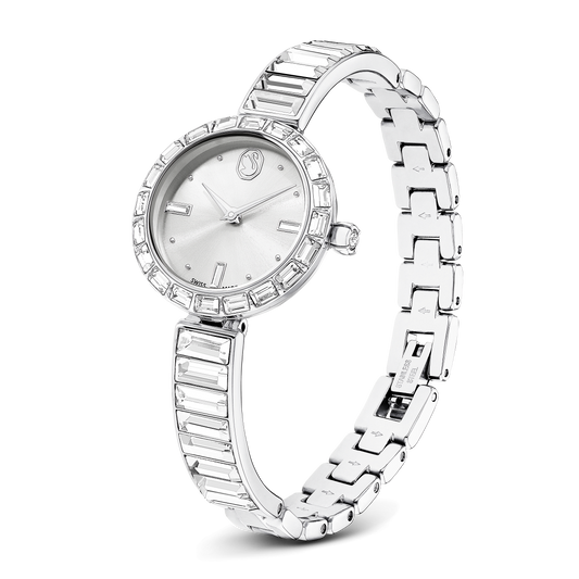 Matrix bangle watch, Swiss Made, Crystal bracelet, White, Stainless Steel 5677487