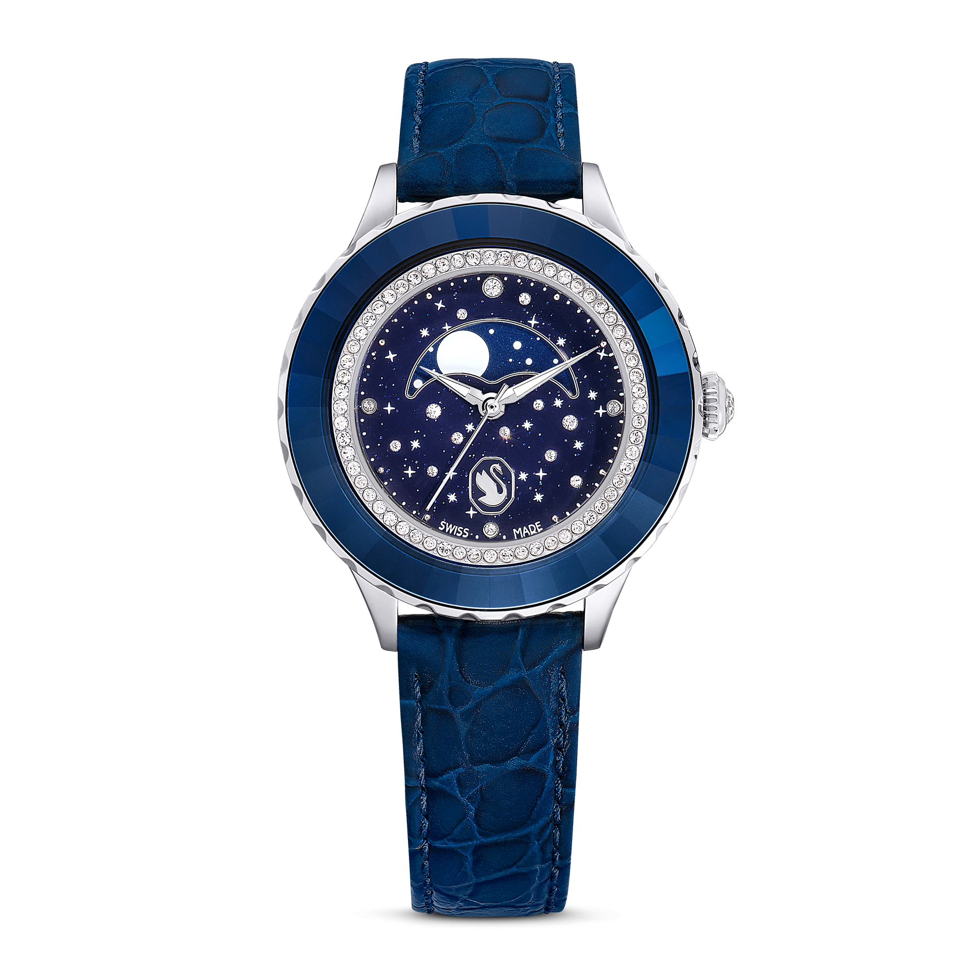 Octea moon watch, Swiss Made, Moon, Leather strap, Blue, Stainless steel 5677494