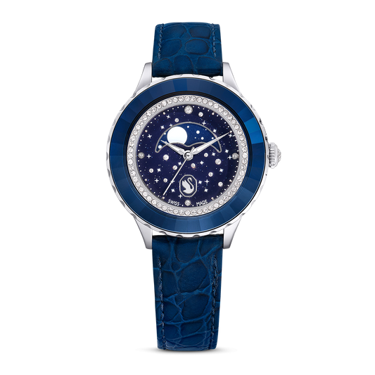 Octea moon watch, Swiss Made, Moon, Leather strap, Blue, Stainless steel 5677494
