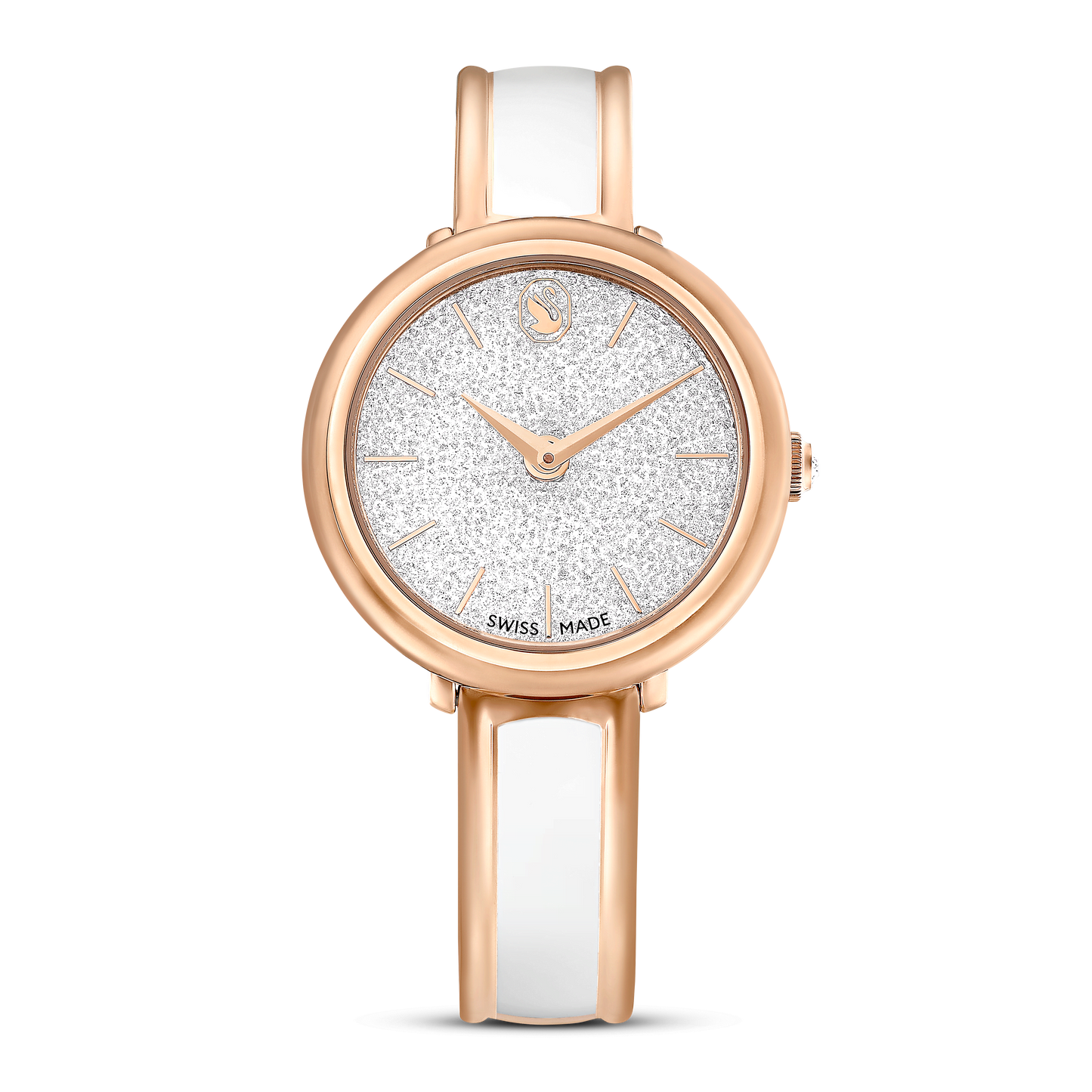 Crystalline bangle watch, Swiss Made, Metal bracelet, White, Rose gold-tone finish 5689324