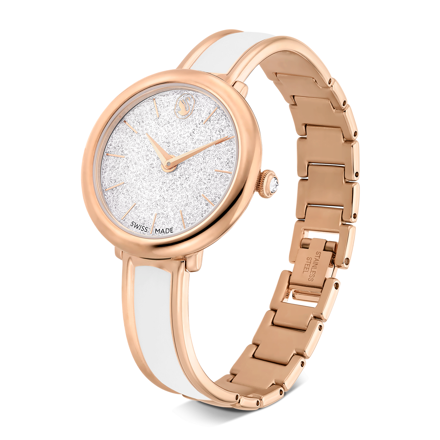 Crystalline bangle watch, Swiss Made, Metal bracelet, White, Rose gold-tone finish 5689324