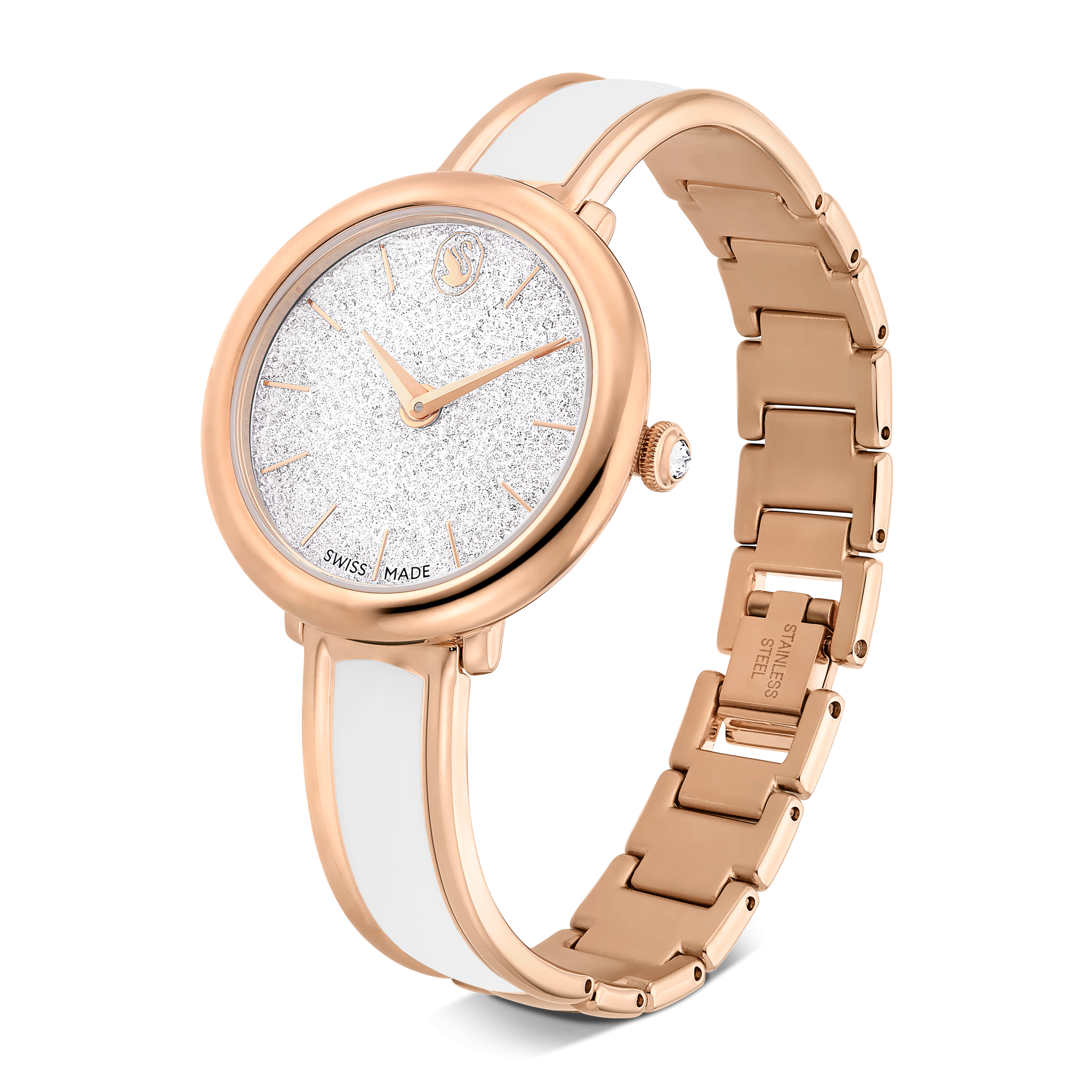 Crystalline bangle watch, Swiss Made, Metal bracelet, White, Rose gold-tone finish 5689324