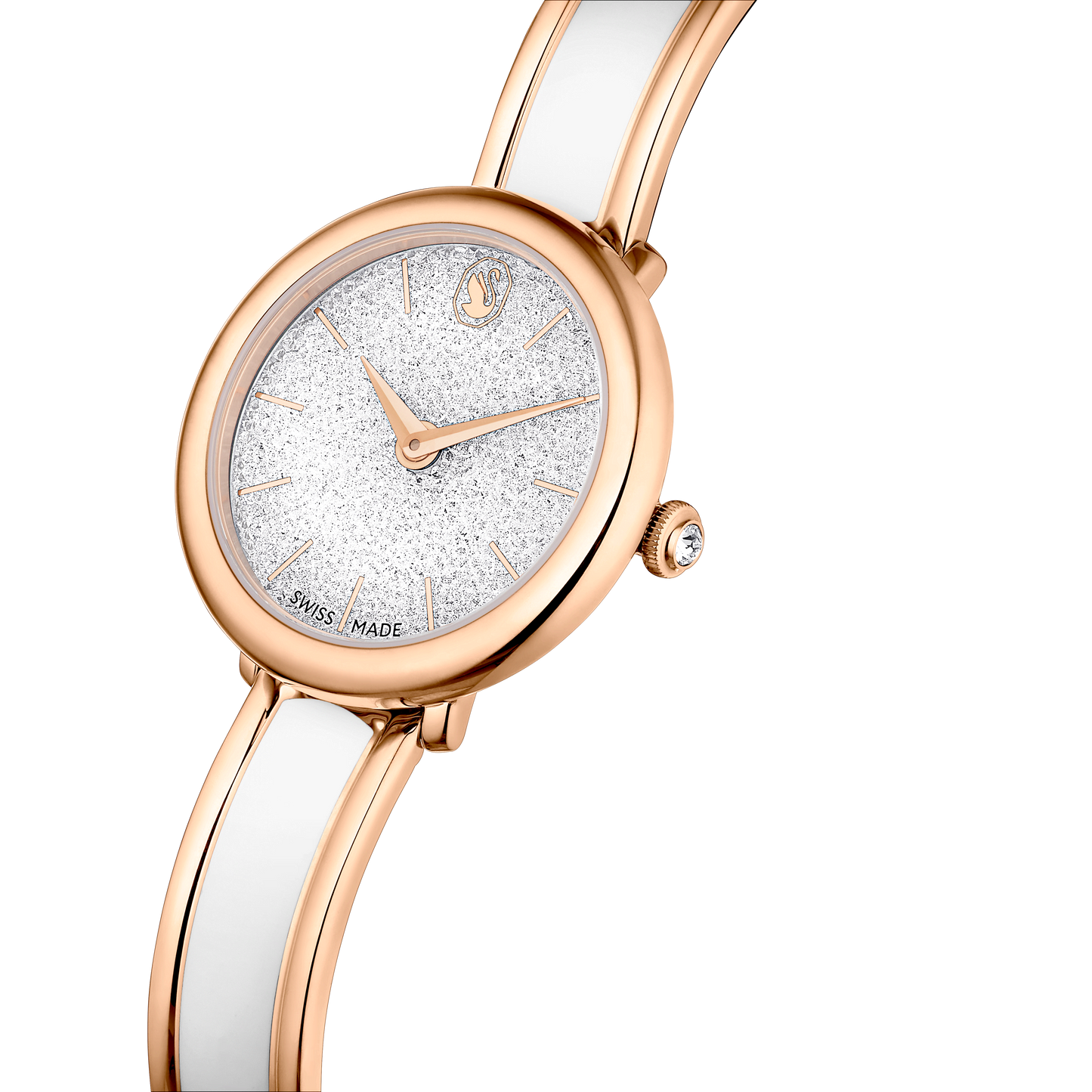 Crystalline bangle watch, Swiss Made, Metal bracelet, White, Rose gold-tone finish 5689324
