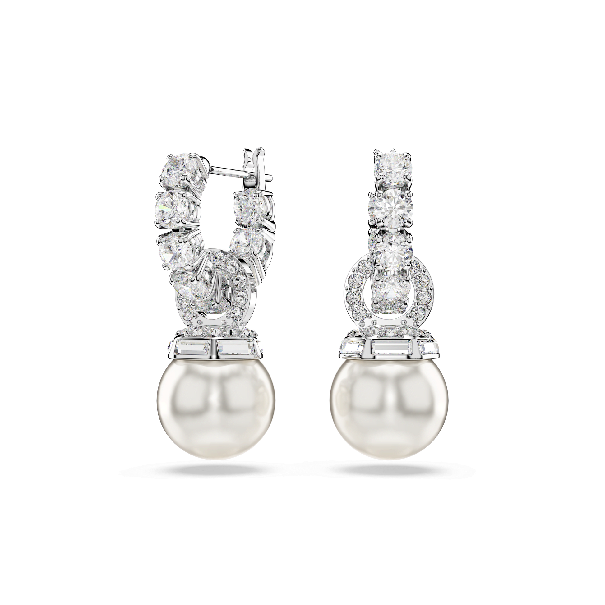 Matrix drop earrings, Crystal pearl, Round cut, White, Rhodium plated 5691716