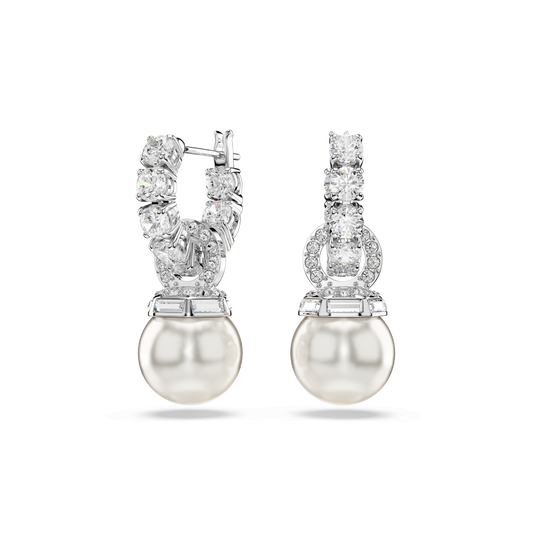 Matrix drop earrings, Crystal pearl, Round cut, White, Rhodium plated 5691716