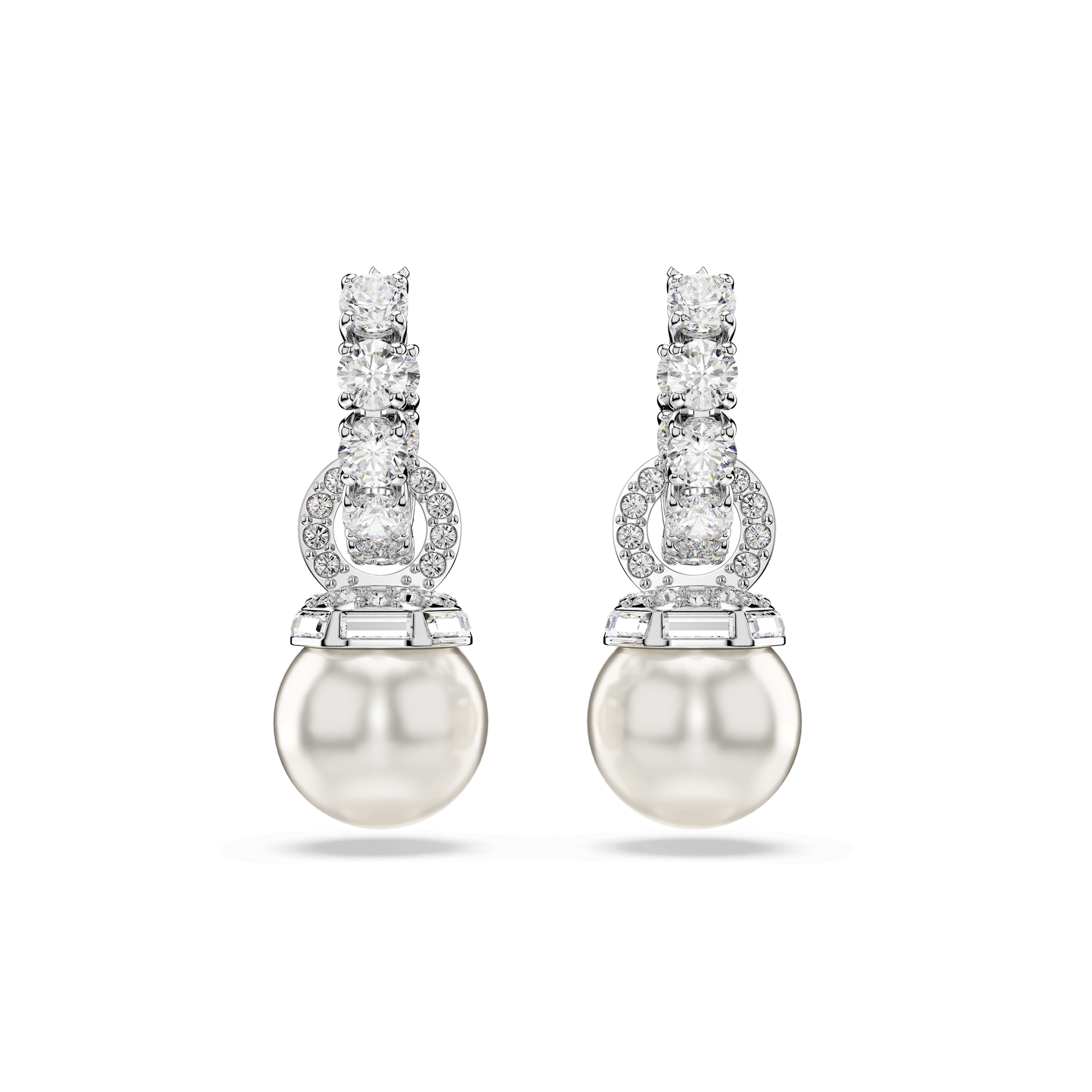 Matrix drop earrings, Crystal pearl, Round cut, White, Rhodium plated 5691716