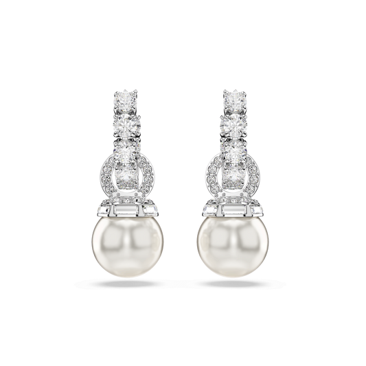 Matrix drop earrings, Crystal pearl, Round cut, White, Rhodium plated 5691716