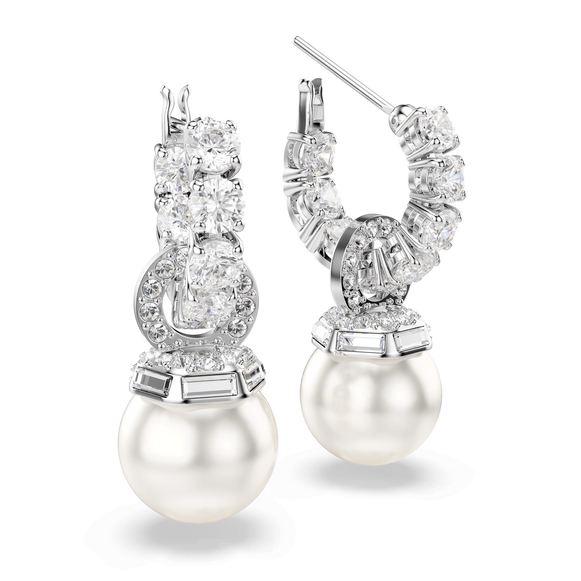 Matrix drop earrings, Crystal pearl, Round cut, White, Rhodium plated 5691716