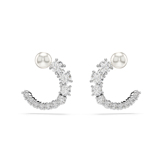 Matrix hoop earrings, Crystal pearl, Round cut, White, Rhodium plated 5692260