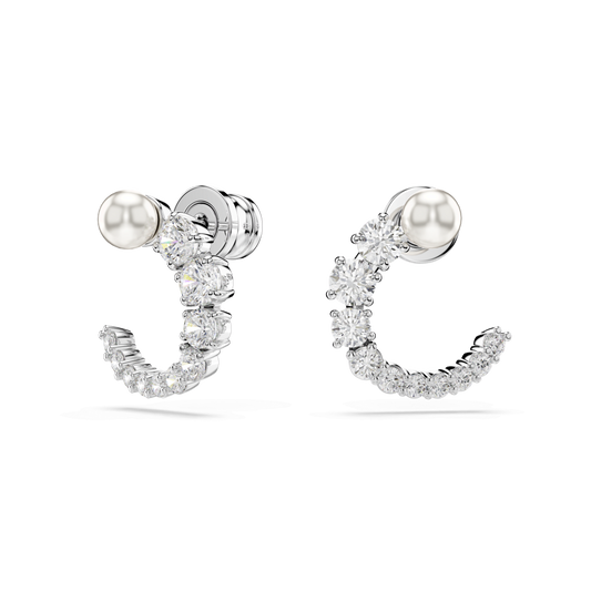 Matrix hoop earrings, Crystal pearl, Round cut, White, Rhodium plated 5692260