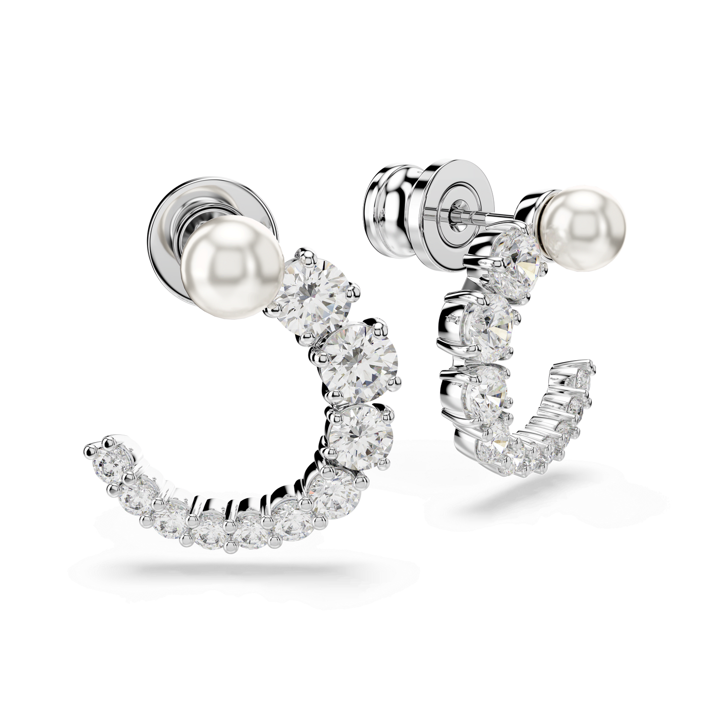 Matrix hoop earrings, Crystal pearl, Round cut, White, Rhodium plated 5692260