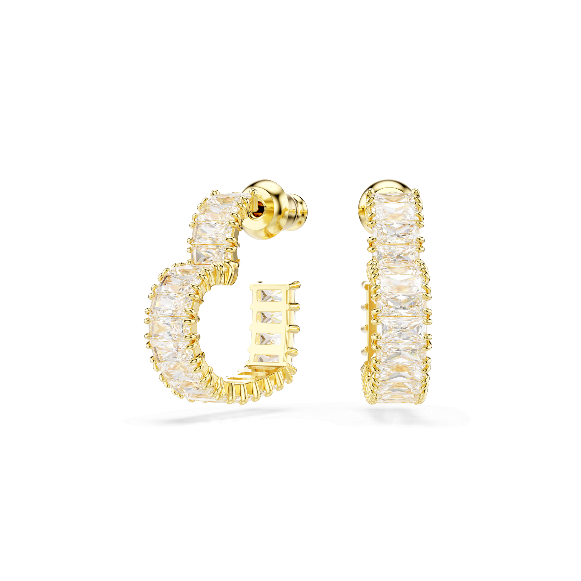 Matrix hoop earrings, Baguette cut, Heart, Small, White, Gold-tone plated 5693512