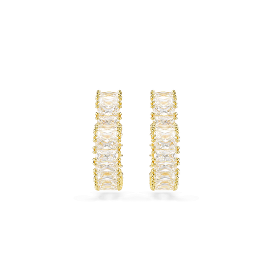 Matrix hoop earrings, Baguette cut, Heart, Small, White, Gold-tone plated 5693512