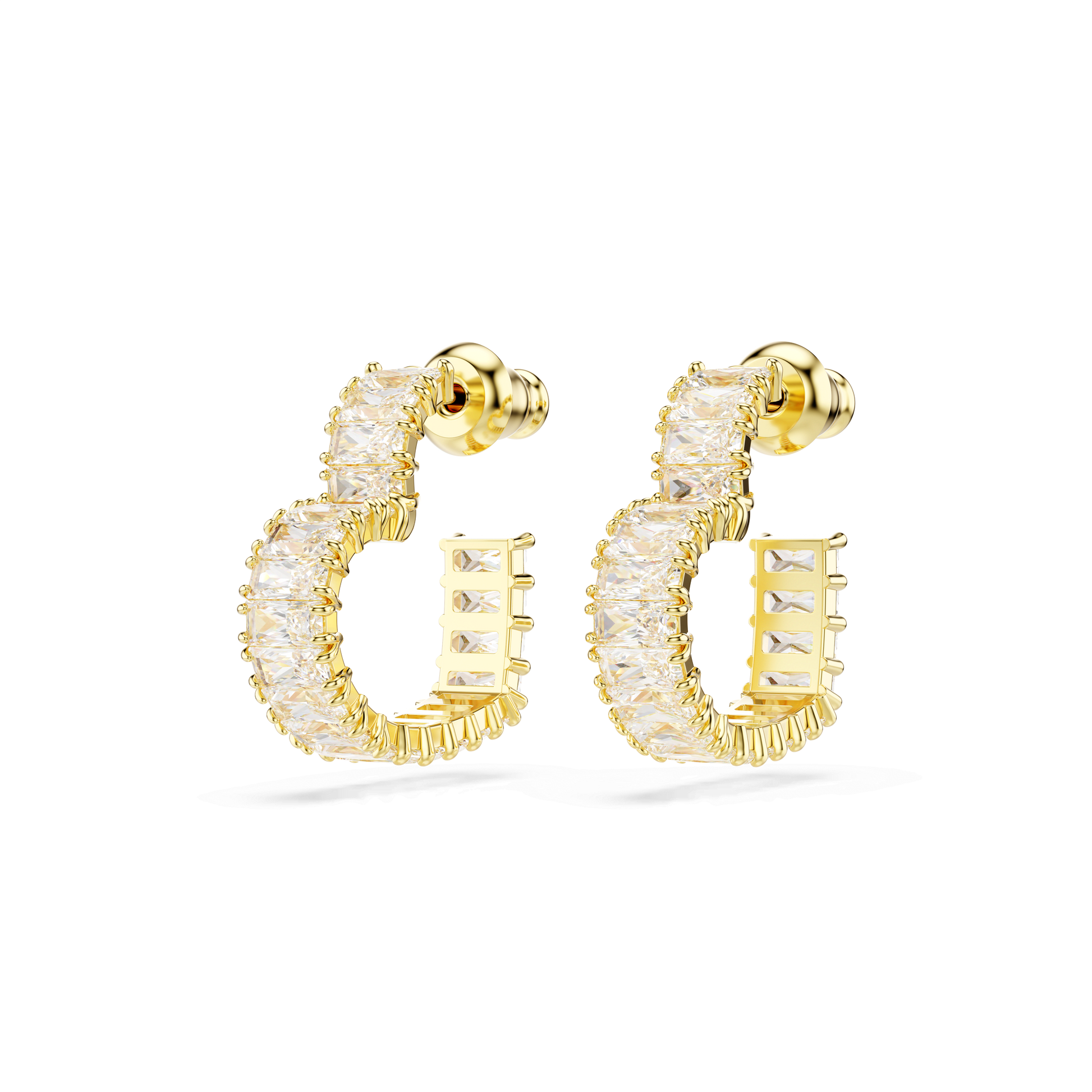 Matrix hoop earrings, Baguette cut, Heart, Small, White, Gold-tone plated 5693512