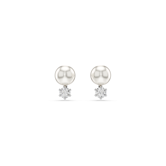 Matrix stud earrings, Crystal pearl, Round cut, White, Rhodium plated 5694225