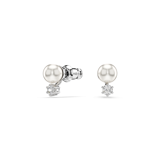Matrix stud earrings, Crystal pearl, Round cut, White, Rhodium plated 5694225