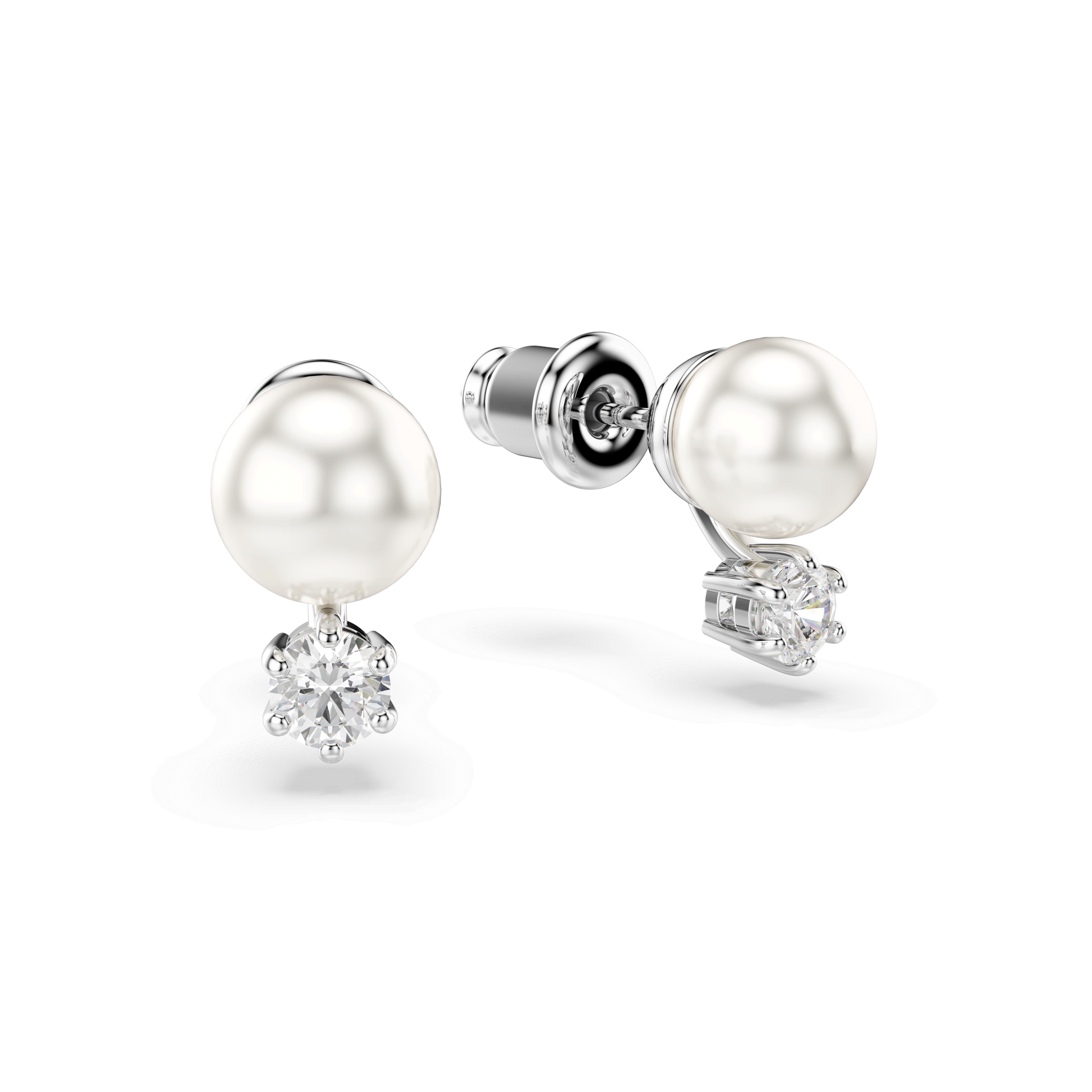 Matrix stud earrings, Crystal pearl, Round cut, White, Rhodium plated 5694225