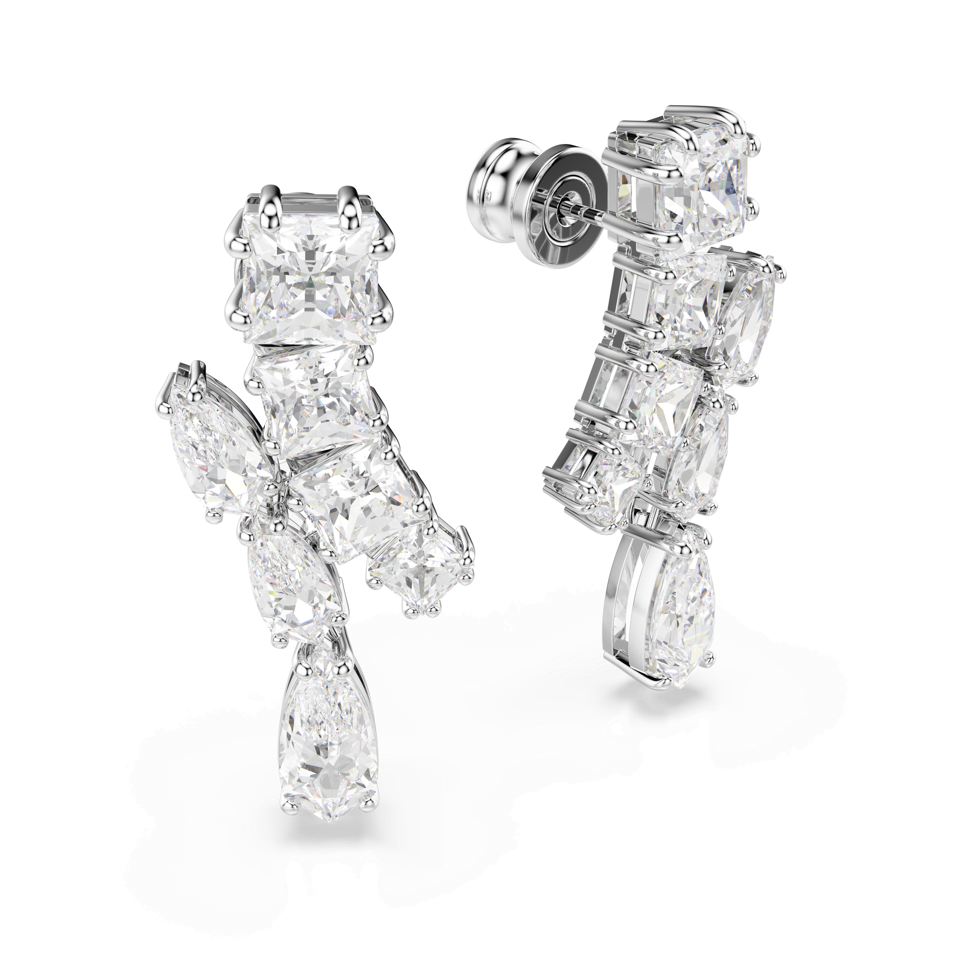 Matrix drop earrings, Mixed cuts, White, Rhodium plated 5700418