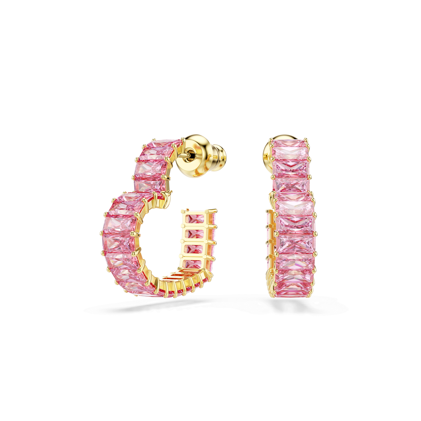 Matrix hoop earrings, Baguette cut, Heart, Small, Pink, Gold-tone plated 5706340