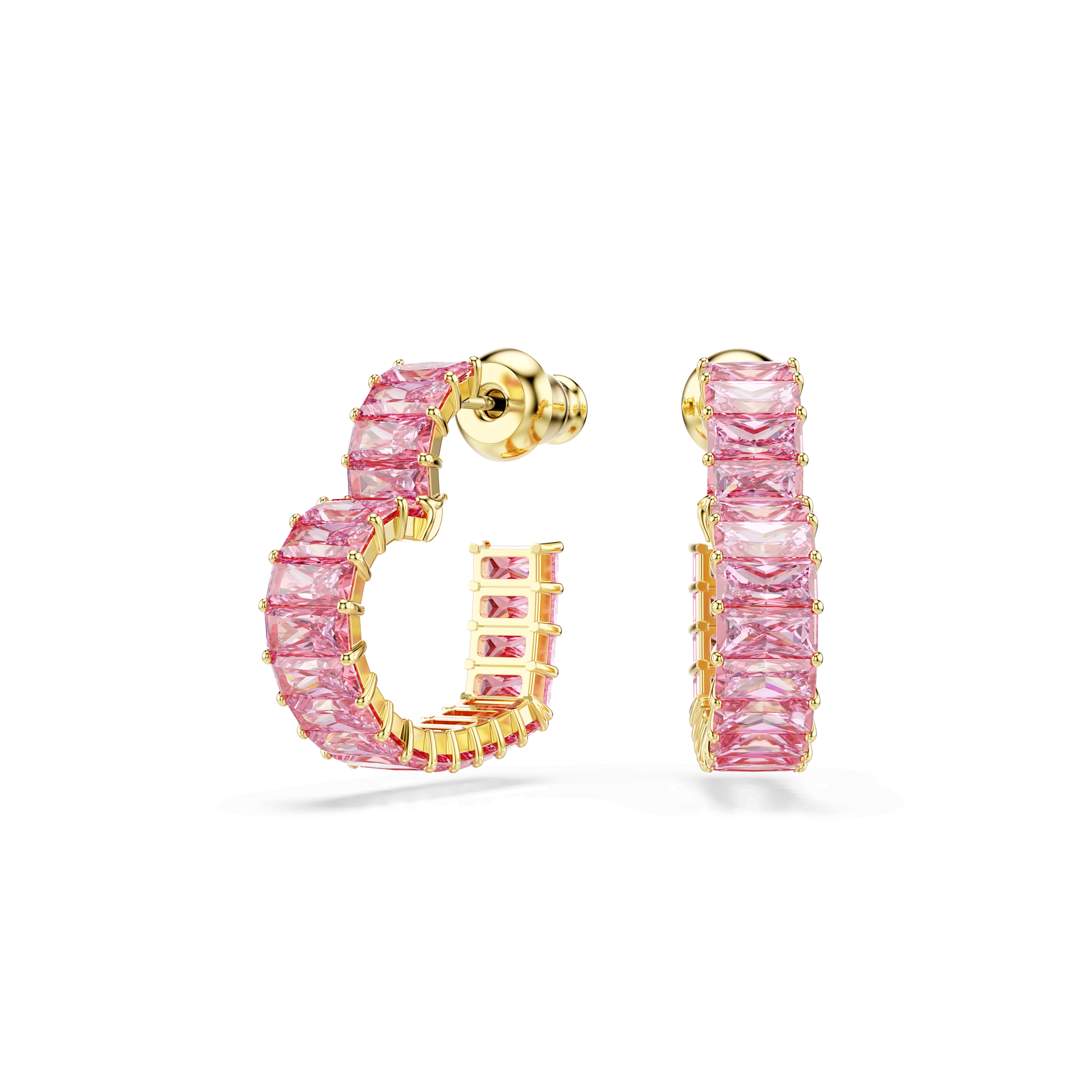 Matrix hoop earrings, Baguette cut, Heart, Small, Pink, Gold-tone plated 5706340