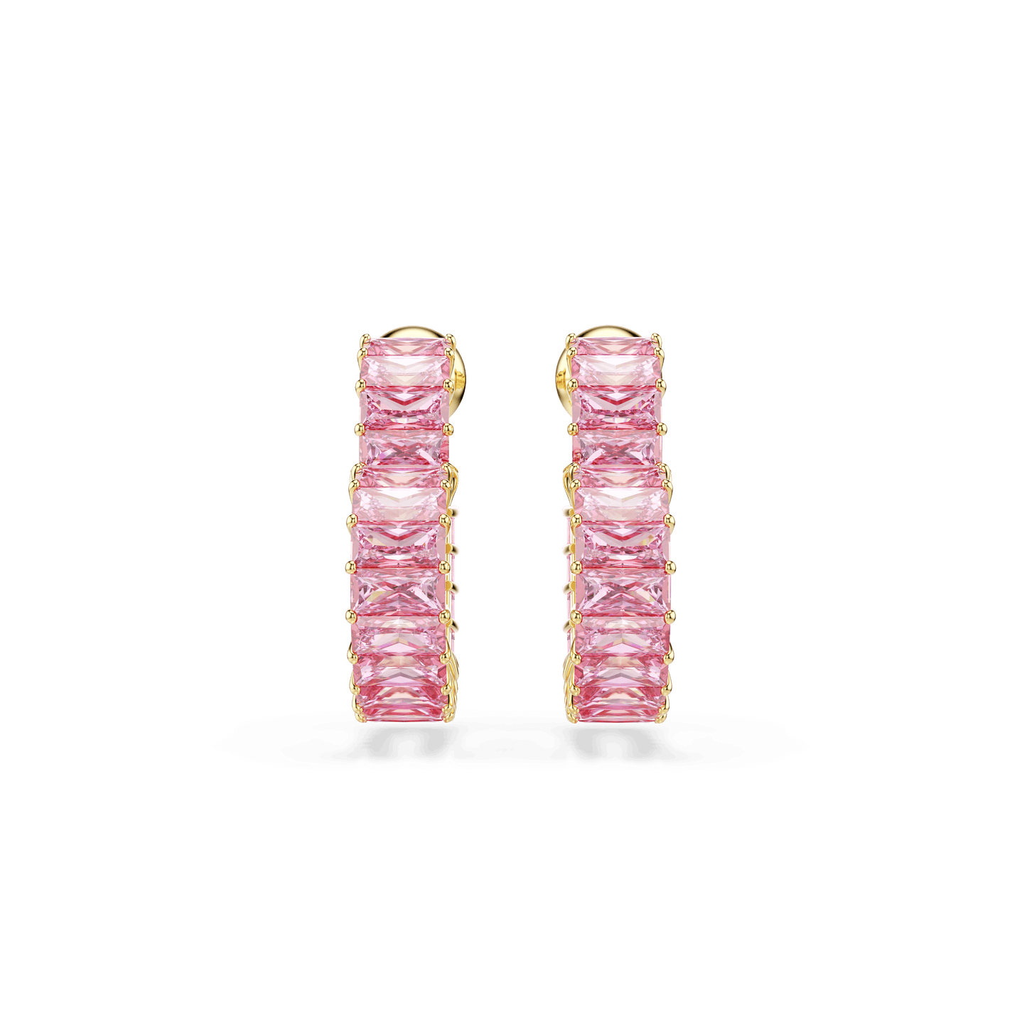 Matrix hoop earrings, Baguette cut, Heart, Small, Pink, Gold-tone plated 5706340