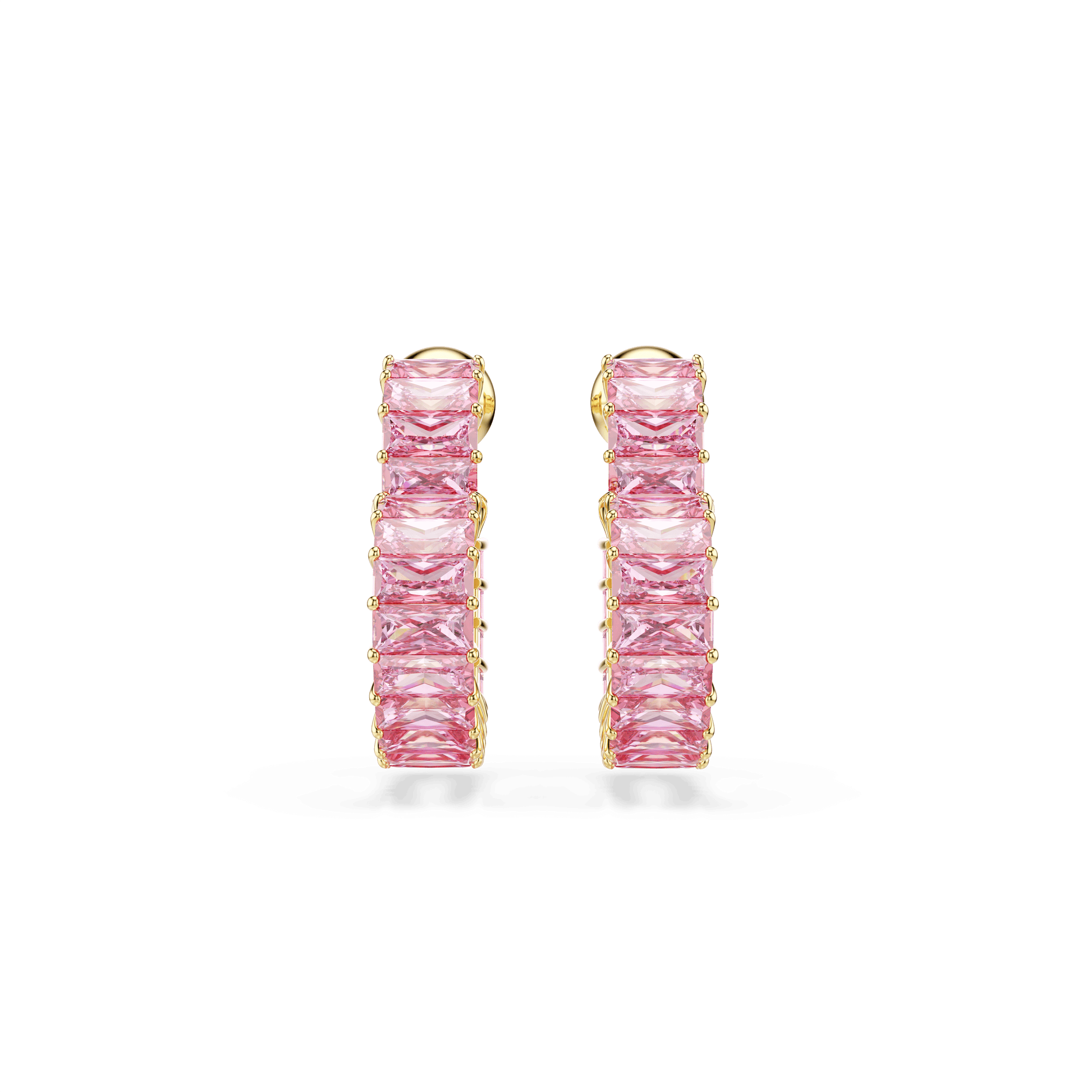 Matrix hoop earrings, Baguette cut, Heart, Small, Pink, Gold-tone plated 5706340