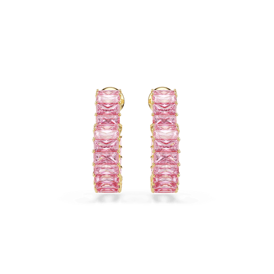 Matrix hoop earrings, Baguette cut, Heart, Small, Pink, Gold-tone plated 5706340