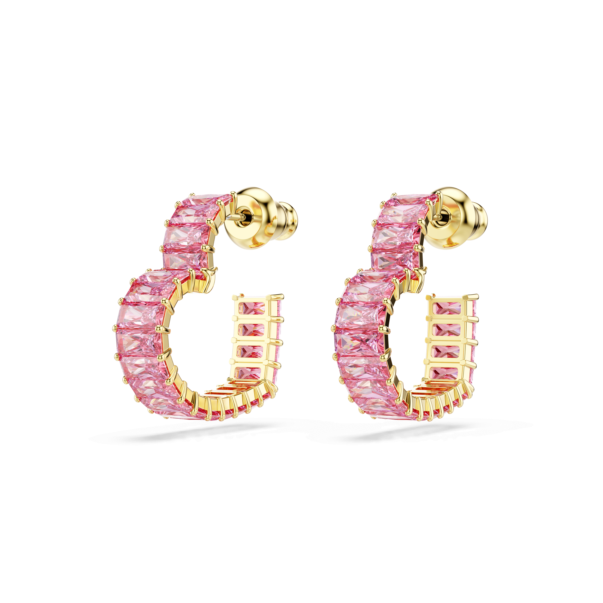 Matrix hoop earrings, Baguette cut, Heart, Small, Pink, Gold-tone plated 5706340