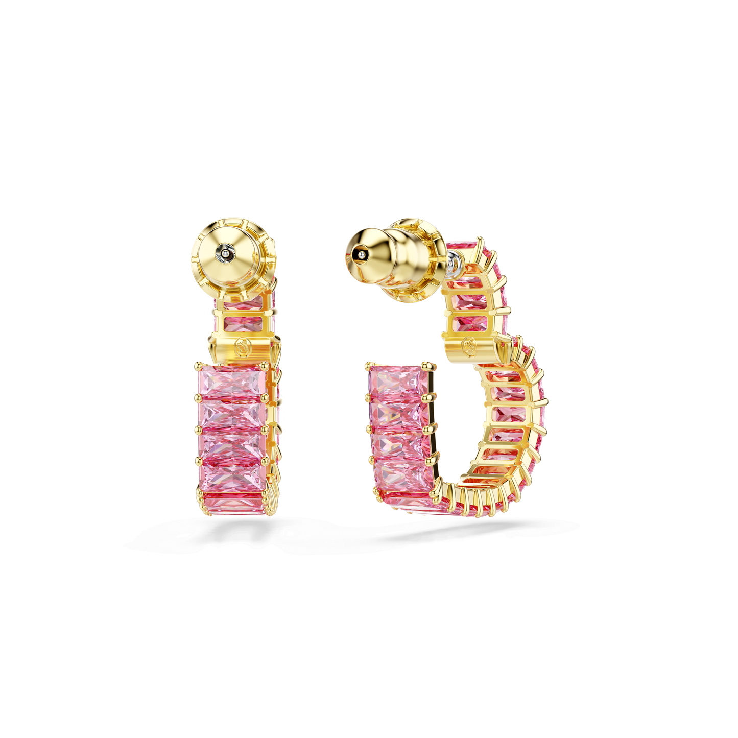 Matrix hoop earrings, Baguette cut, Heart, Small, Pink, Gold-tone plated 5706340