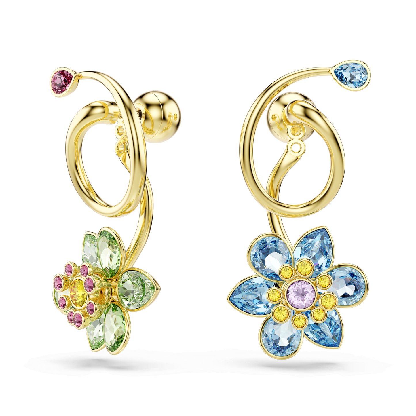 Idyllia drop earrings, Asymmetrical design, Mixed cuts, Flower, Multicolored, Gold-tone plated 5709025