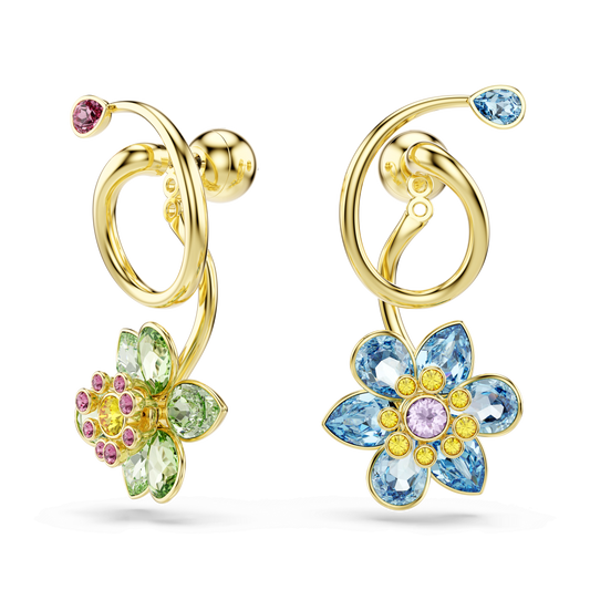 Idyllia drop earrings, Asymmetrical design, Mixed cuts, Flower, Multicolored, Gold-tone plated 5709025
