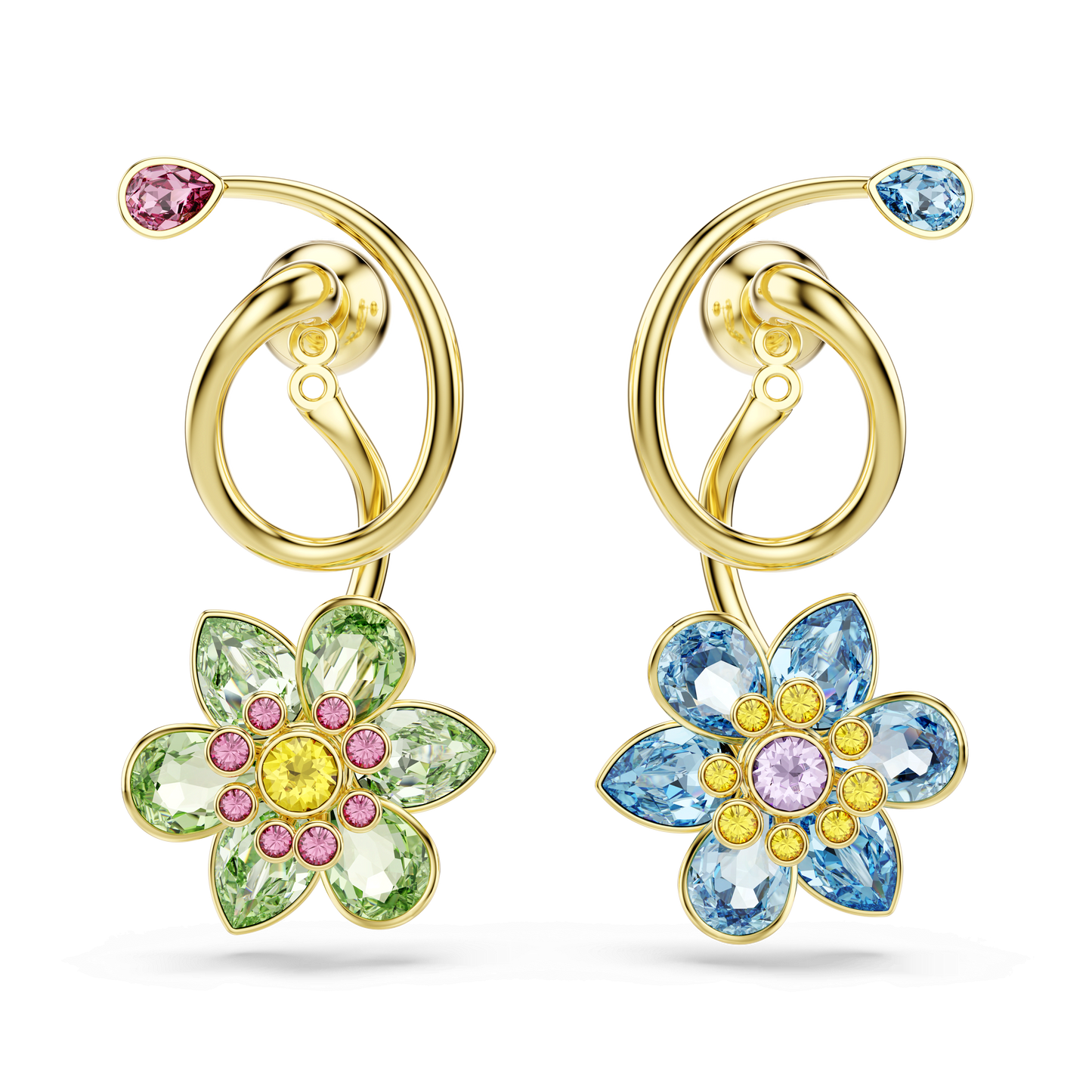 Idyllia drop earrings, Asymmetrical design, Mixed cuts, Flower, Multicolored, Gold-tone plated 5709025