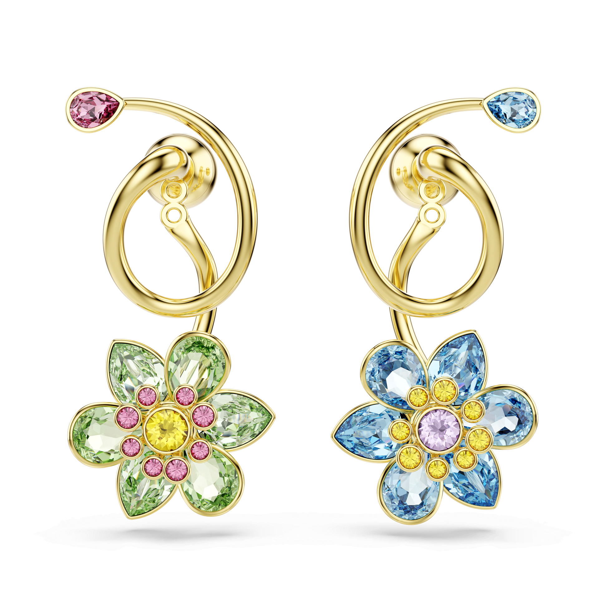 Idyllia drop earrings, Asymmetrical design, Mixed cuts, Flower, Multicolored, Gold-tone plated 5709025