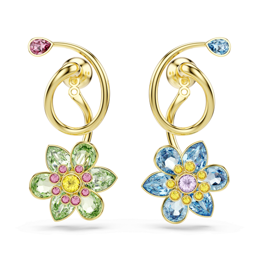 Idyllia drop earrings, Asymmetrical design, Mixed cuts, Flower, Multicolored, Gold-tone plated 5709025