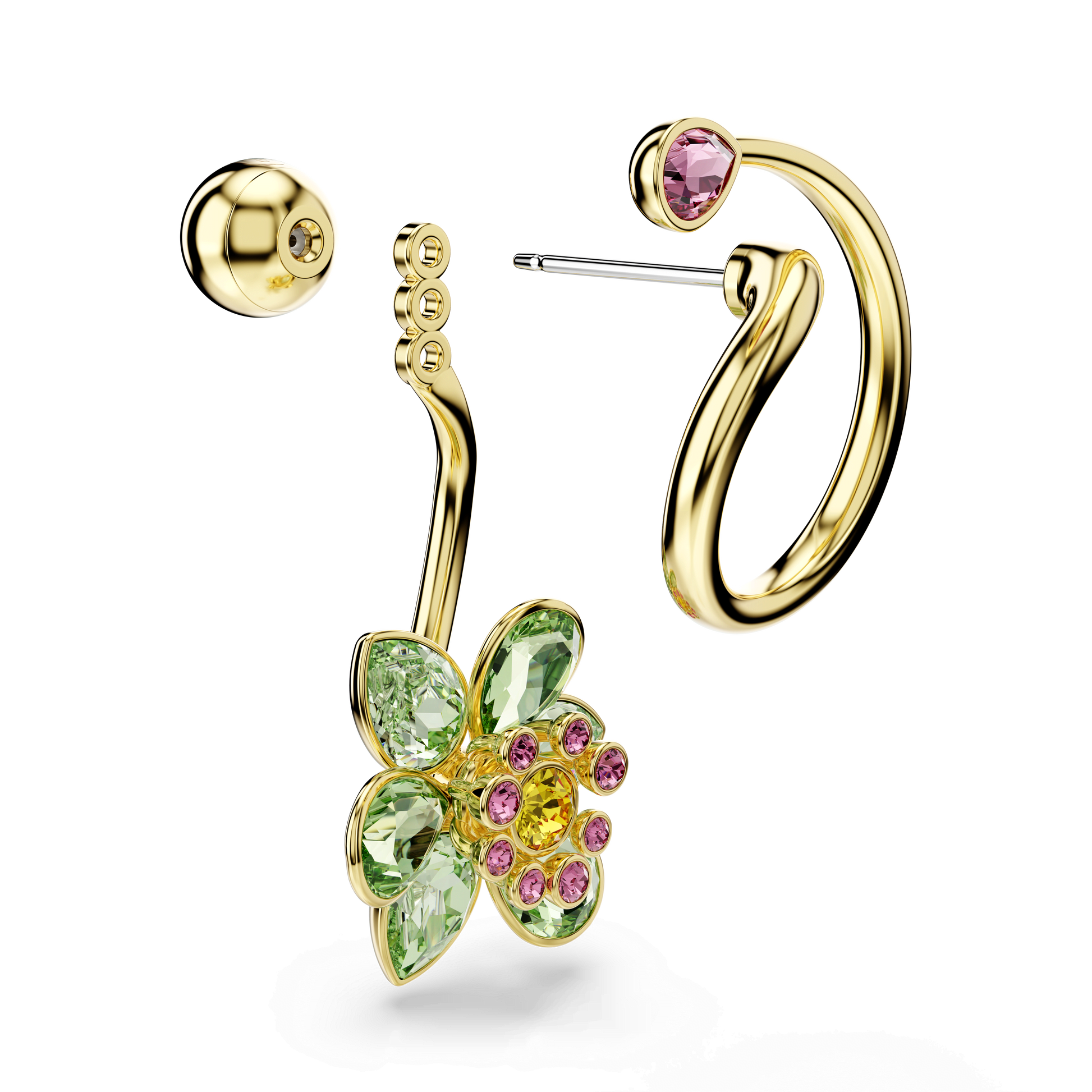 Idyllia drop earrings, Asymmetrical design, Mixed cuts, Flower, Multicolored, Gold-tone plated 5709025