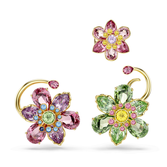 Idyllia ear cuff, Set (3), Asymmetrical design, Mixed cuts, Flower, Multicolored, Gold-tone plated 5709026