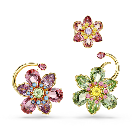 Swarovski Idyllia ear cuff, Set (3), Asymmetrical design, Mixed cuts, Flower, Multicolored, Gold-tone plated