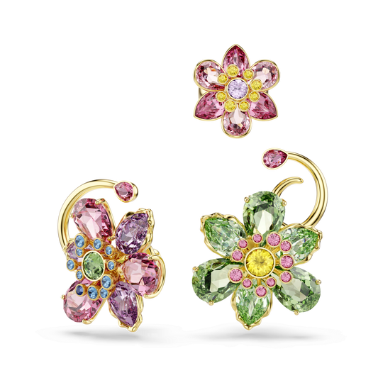 Idyllia ear cuff, Set (3), Asymmetrical design, Mixed cuts, Flower, Multicolored, Gold-tone plated 5709026