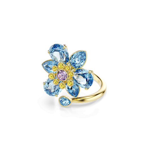 Idyllia open ring, Mixed cuts, Flower, Blue, Gold-tone plated 5709031