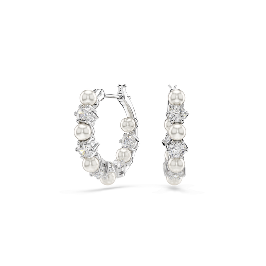 Matrix hoop earrings, Crystal pearl, Round cut, White, Rhodium plated 5709256