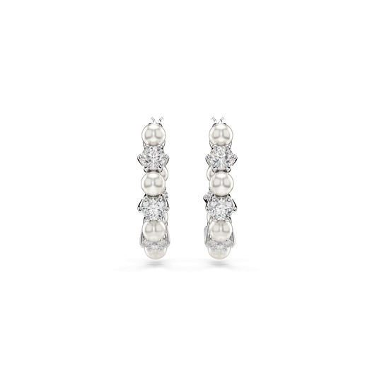 Matrix hoop earrings, Crystal pearl, Round cut, White, Rhodium plated 5709256