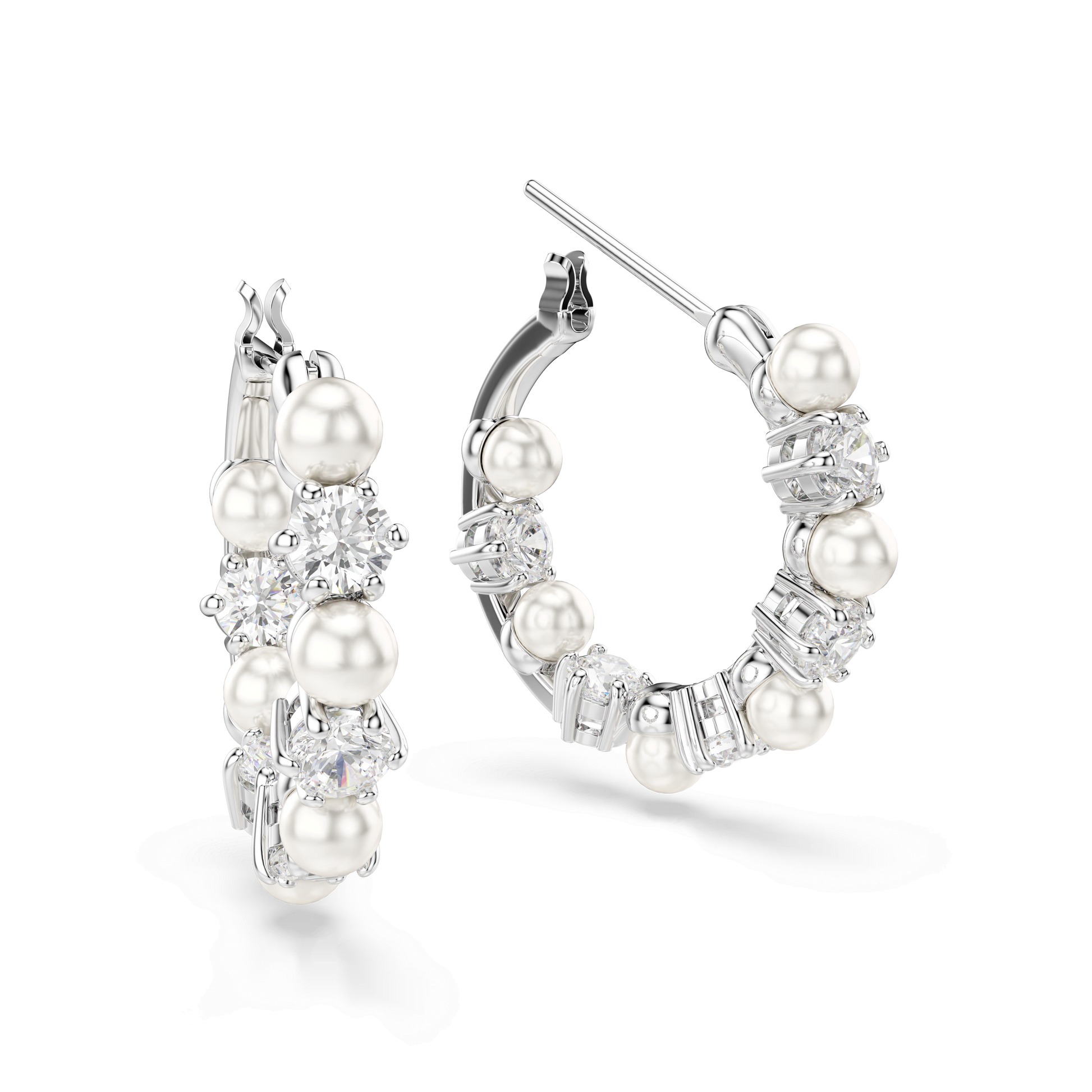 Matrix hoop earrings, Crystal pearl, Round cut, White, Rhodium plated 5709256
