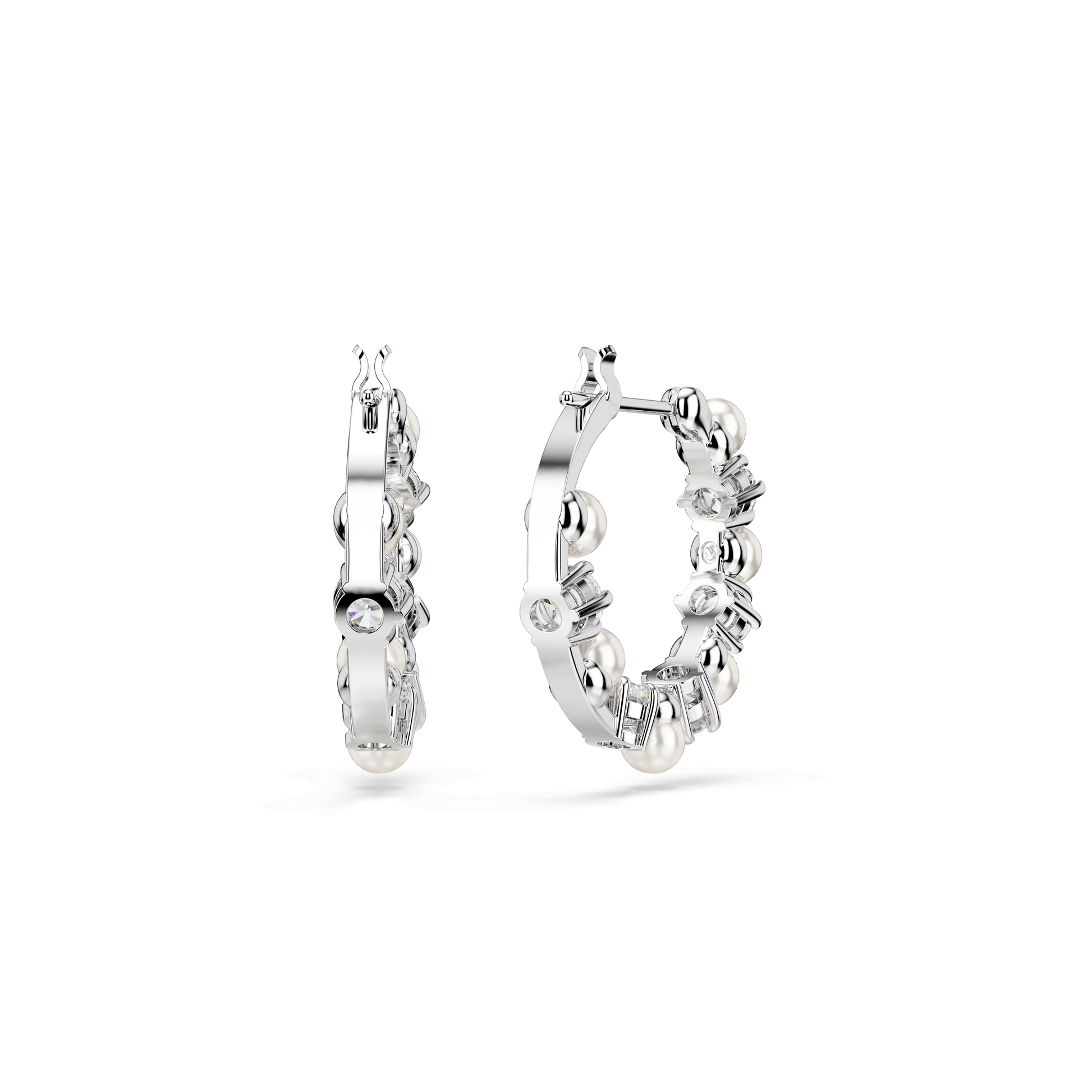Matrix hoop earrings, Crystal pearl, Round cut, White, Rhodium plated 5709256