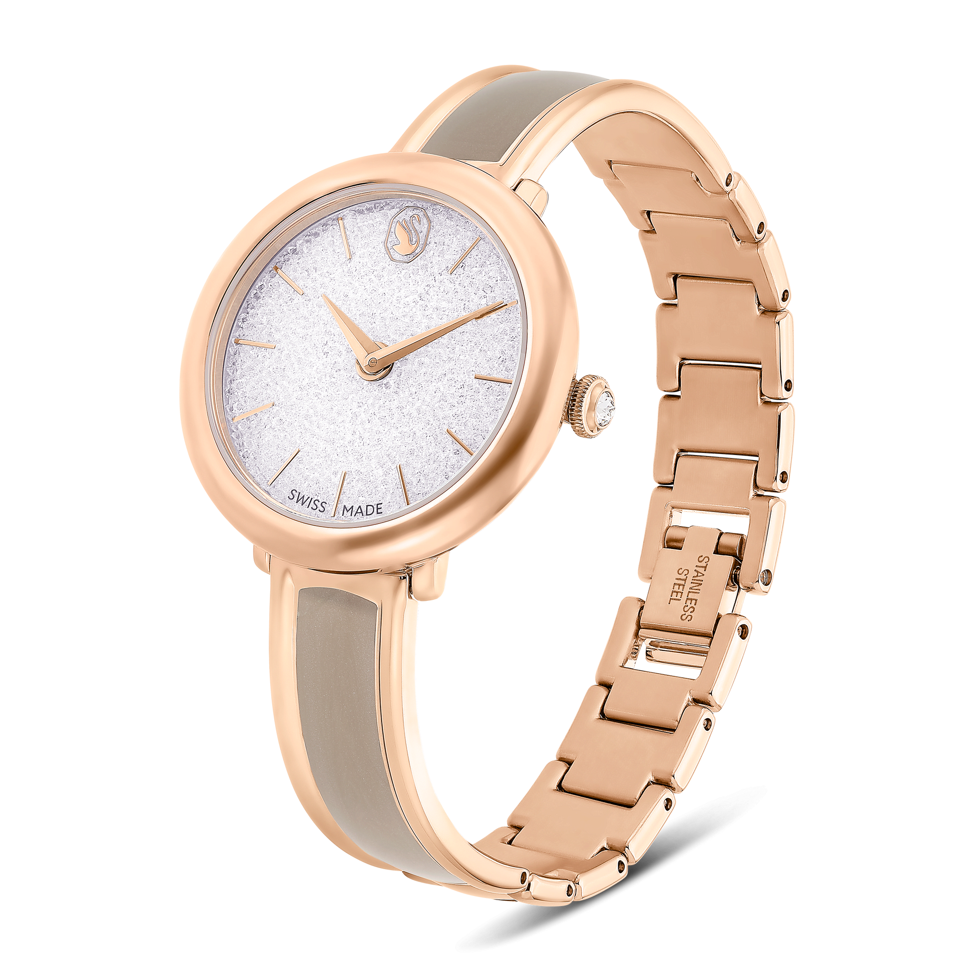 Crystalline bangle watch, Swiss Made, Metal bracelet, Beige, Rose gold-tone finish 5709814